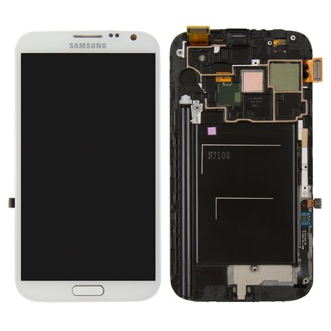 Дисплей для Samsung N7100 Note 2, білий, з рамкою, Оригінал переклеєне скло 