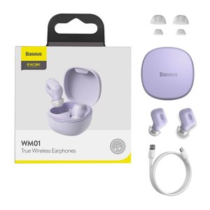 Гарнітура Baseus WM01, вакуумна, бездротова, фіолетова, із зарядним кейсом, з USB кабелем тип C, #NGTW240005 NGWM01 05