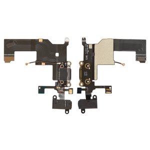 Flat Cable compatible with iPhone 5, headphone connector, charge connector, black, with microphone, with components 