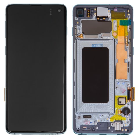 Pantalla LCD puede usarse con Samsung G973 Galaxy S10, azul, con marco, Original, empaque industrial, #GH82 18850C GH82 18835C