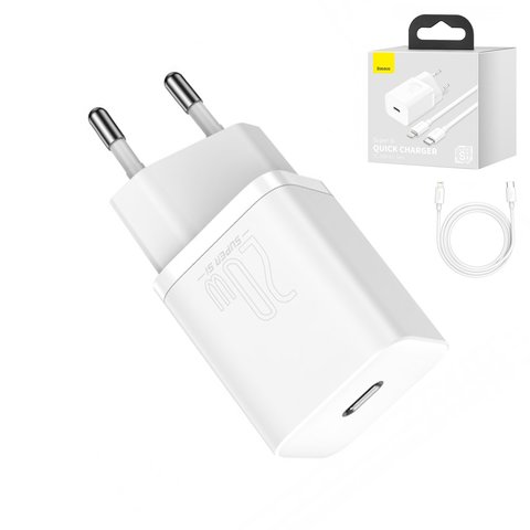 Mains Charger Baseus Super Si, 20 W, Quick Charge, white, with cable USB type C to Lightning for Apple, 1 output  #TZCCSUP B02