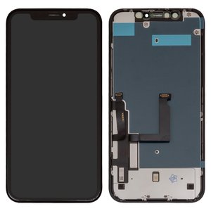 LCD compatible with iPhone XR, black, with frame, change glass, with camera and proximity sensor plastics, LG version 