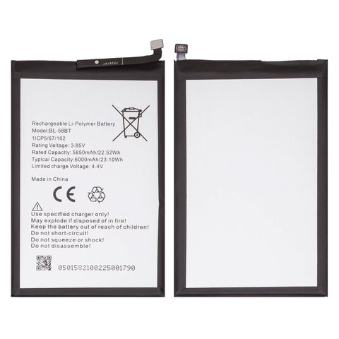 Batería BL 58BT puede usarse con Tecno Pova, Pova 4 LG7 , Pova 5 LH7n , Pova Neo, Li Polymer, 3.85 V, 6000 mAh, Original PRC 
