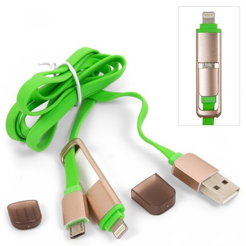 USB кабель, USB тип A, micro USB тип B, Lightning, зелений