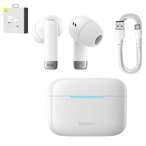 Гарнитура Baseus Bowie E9, вакуумная, беспроводная, белая, с зарядным кейсом, с USB кабелем тип C, #NGTW120002
