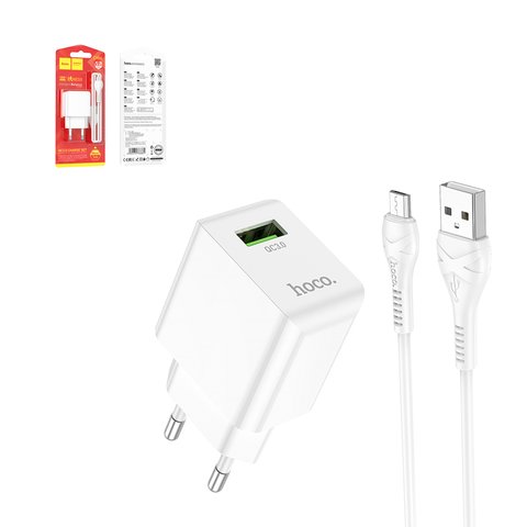 Мережевий зарядний пристрій Hoco C98A, 18 Вт, Quick Charge, 220 В, білий, з micro USB кабелем тип В, 1 порт, #6931474766861